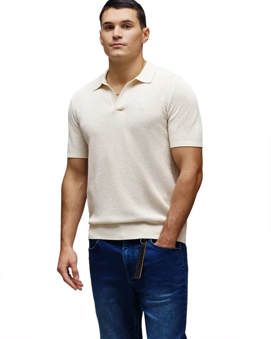 Devon Bubble Stitch Knit Polo, Pristine, from the campaign film